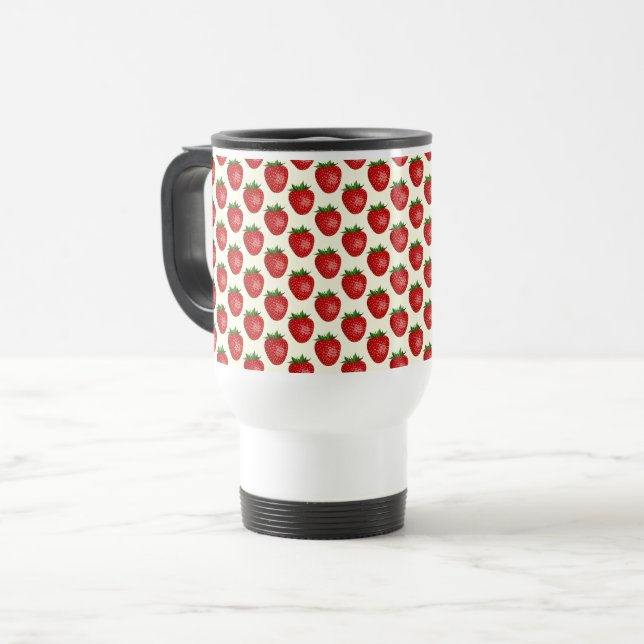 Strawberry Pattern, Red Strawberries, Fruit, Leaf Travel Mug (Front Left)