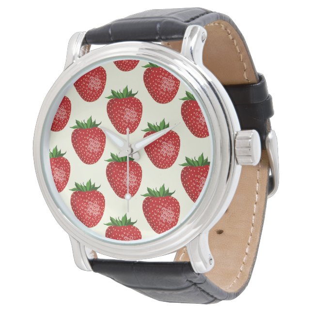 Strawberry Pattern, Red Strawberries, Fruit, Leaf Watch (Angled)