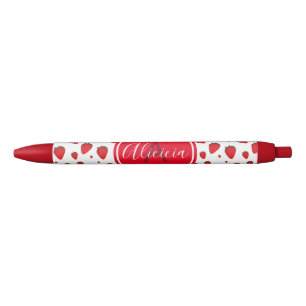 Strawberry Pattern Red White Name Initial Black Ink Pen