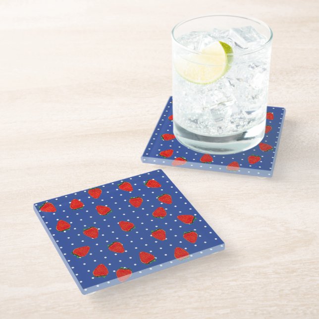 Strawberry Pattern with dots Glass Coaster (Angled)