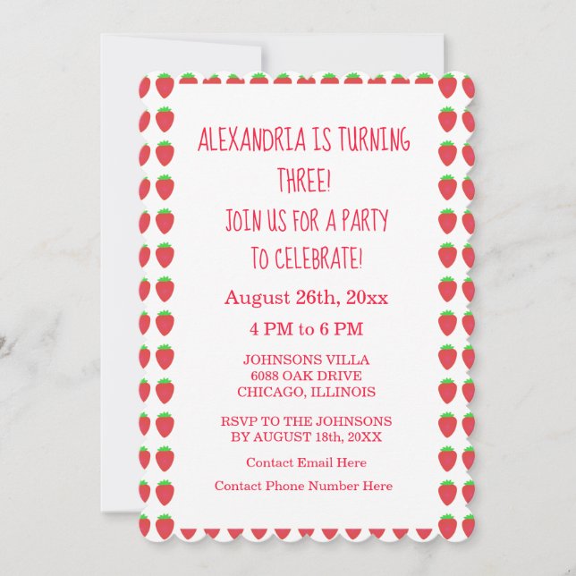 Strawberry Patterns 3rd Birthday Party Custom Age  Invitation (Front)