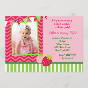 Strawberry Photo Birthday Party Invitations