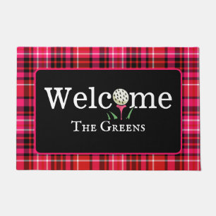 Strawberry Pink and Red Plaid Golf Welcome Entry Doormat