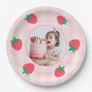 Strawberry Pink Berry First Baby Birthday Photo Paper Plate