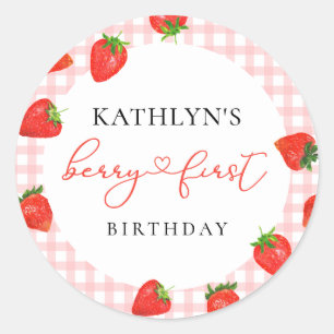 Strawberry Pink Berry First Plaid Gingham Birthday Classic Round Sticker