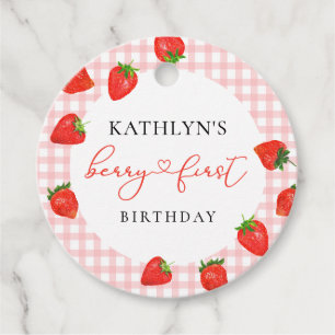 Strawberry Pink Berry First Plaid Gingham Birthday Favour Tags