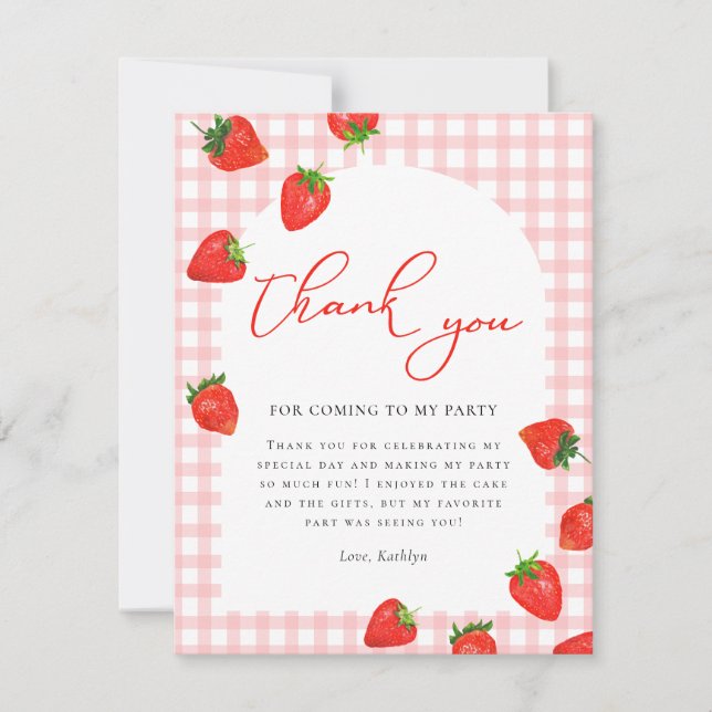 Strawberry Pink Berry Plaid Birthday Thank You Card (Front)