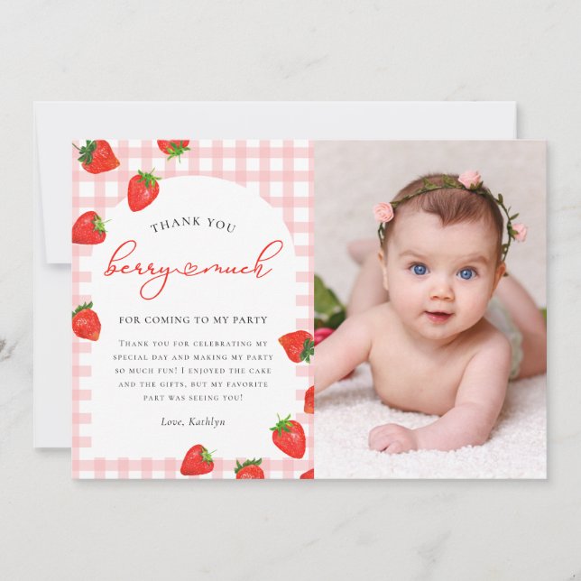 Strawberry Pink Berry Plaid Gingham Birthday Thank You Card (Front)