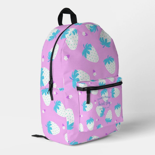 Strawberry Pink Blue Printed Backpack (Back Corner Left)
