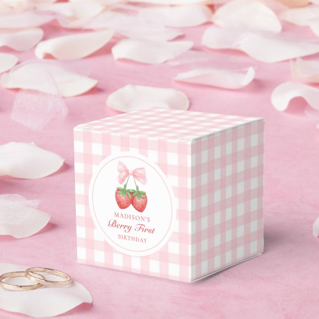 Strawberry Pink Bow Girl 1st Birthday Favor Box (Wedding)