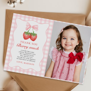 Strawberry Pink Bow Girl 1st Birthday Photo Thank You Card