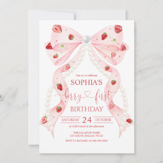 Strawberry Pink Bow Pearl 1st Birthday Invitation