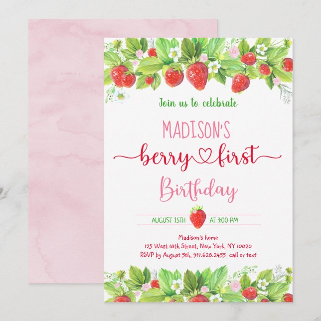 Strawberry Pink Floral Berry First Birthday Invitation (Front/Back)
