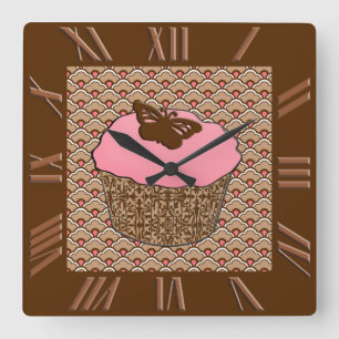 Strawberry Pink Frosted Cupcake Square Wall Clock