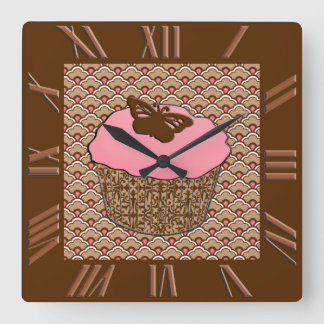 Strawberry Pink Frosted Cupcake Square Wall Clock