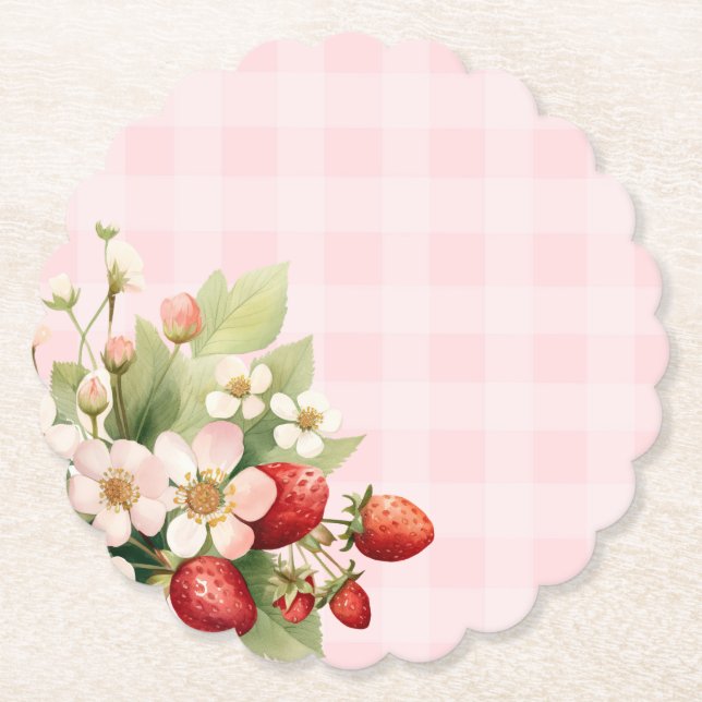 Strawberry pink gingham baby shower paper coaster (Front)