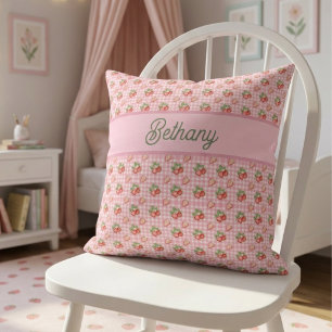 Strawberry Pink Gingham Check Pattern Throw Pillow