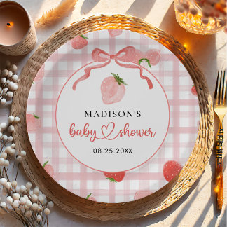 Strawberry Pink Gingham Girl Baby Shower Paper Plate