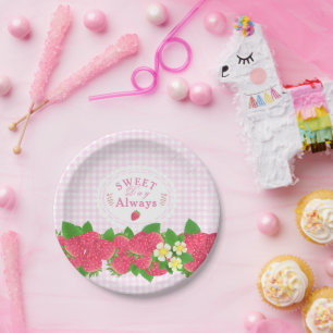 Strawberry Pink Gingham Paper Plate