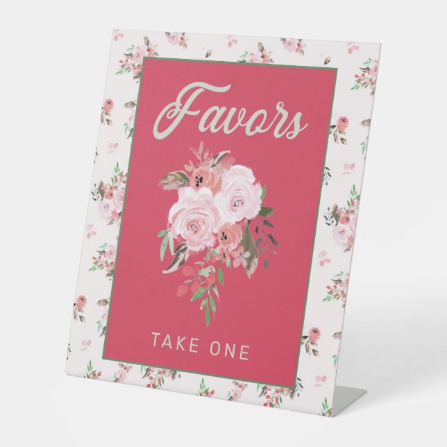 Strawberry Pink & Green Floral Favours Take One Pedestal Sign (Front)