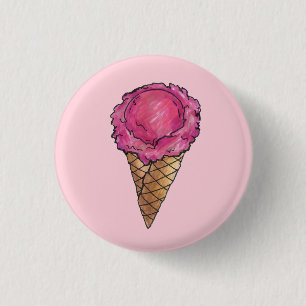Strawberry Pink Ice Cream Scoop Waffle Cone Foodie 1 Inch Round Button