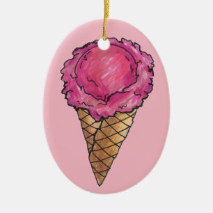Strawberry Pink Ice Cream Waffle Cone Scoop Ceramic Ornament