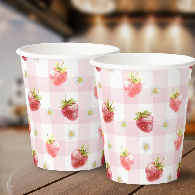 Strawberry Pink Plaid Gingham Paper Cups (Creator Uploaded)