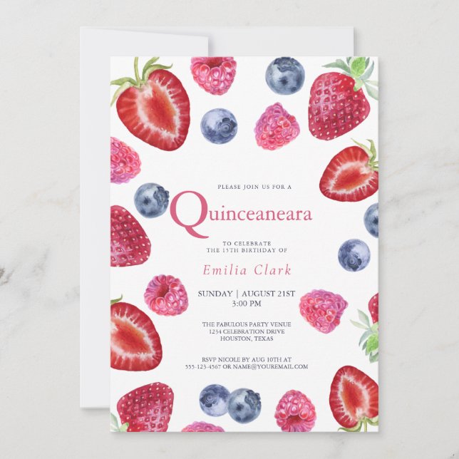 Strawberry  Pink Quinceanera Birthday  Invitation (Front)
