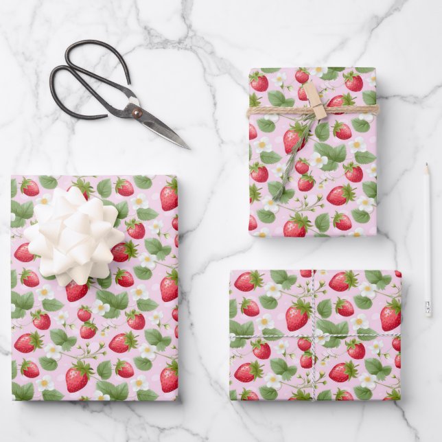 Strawberry Pink Red Baby Shower Birthday  Wrapping Paper Sheet (Front)