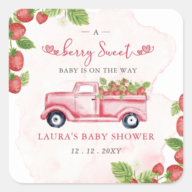 Strawberry Pink Red Berry Sweet Baby Shower Square Sticker (Front)