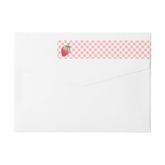 Strawberry Pink Summer Plaid Picnic Birthday Party Wrap Around Label (Back)