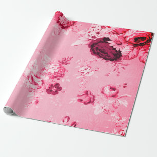 Strawberry Pink Vintage Floral Toile Fabric No.5 Wrapping Paper