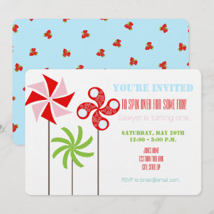Strawberry Pinwheel Themed Birthday - Blue Back Invitation