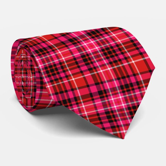 Strawberry Plaid Red Pink Black and White Tie (Rolled)
