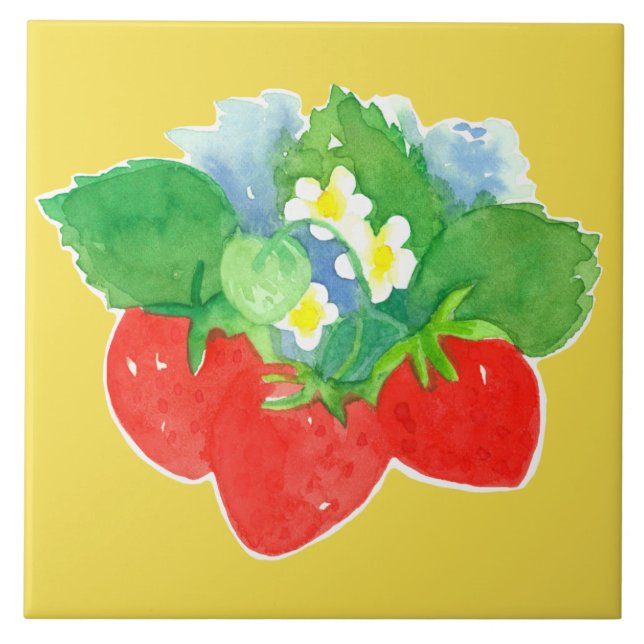 Strawberry Plant White Flowers Yellow Tile (Front)