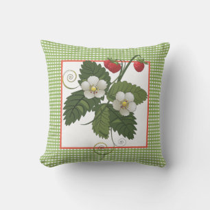 Strawberry Plant with Green Gingham Border Outdoor Pillow