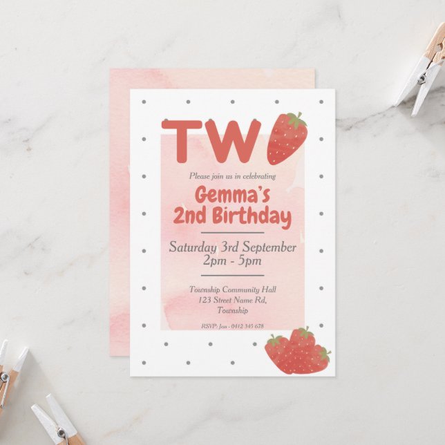 Strawberry Polka Dot TWO  2 Invitation (Front/Back In Situ)