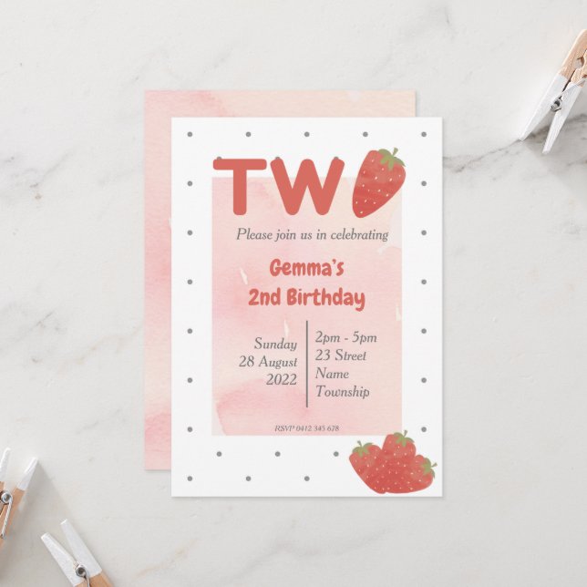 Strawberry Polka Dot TWO  Invitation (Front/Back In Situ)