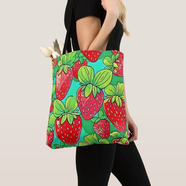Strawberry Pop Art Pattern Tote Bag (Close Up)