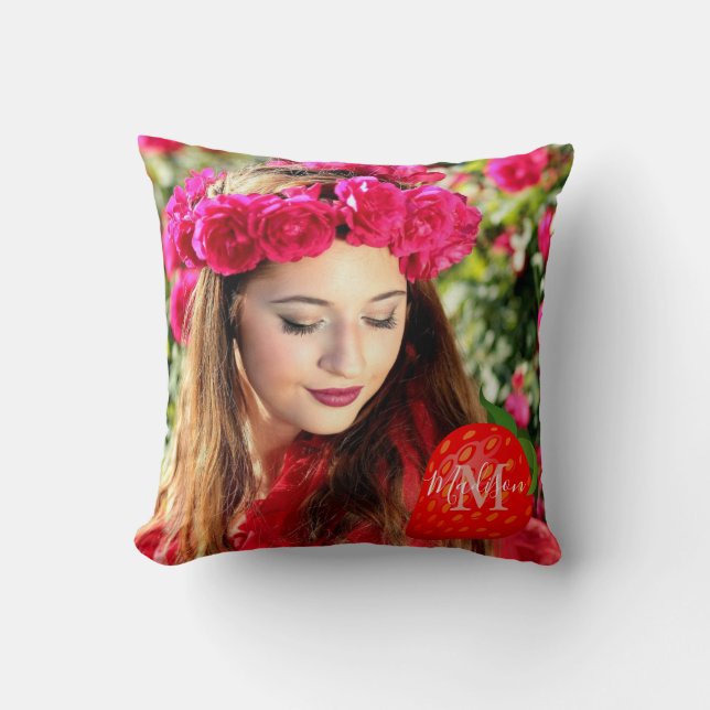 Strawberry Power Girl Monogram Initial Name Throw  Pillow (Front)