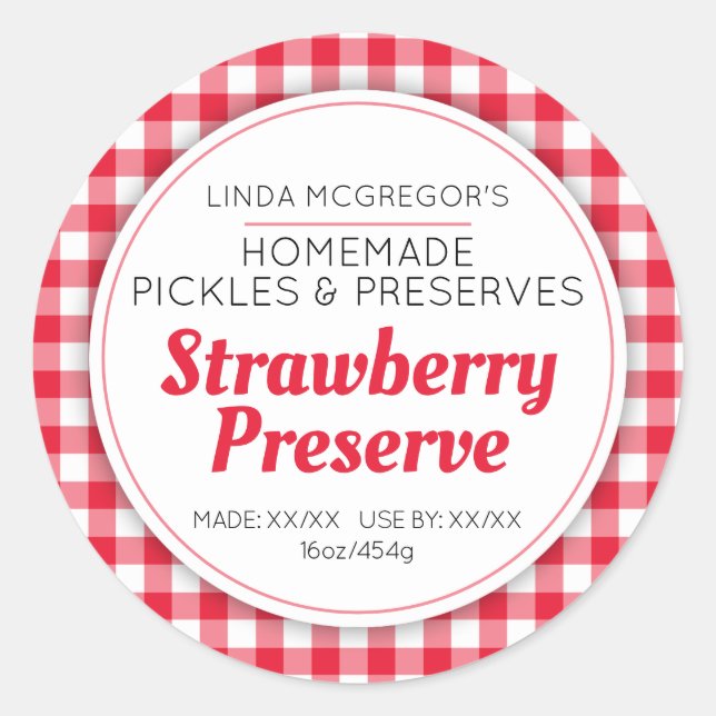 Strawberry preserve green round  jam jar label (Front)