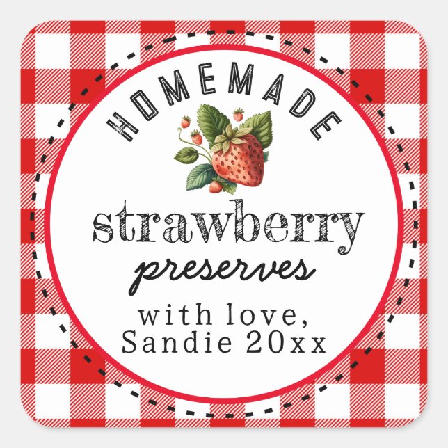 Strawberry Preserves Homemade Red Buffalo Plaid Square Sticker (Front)