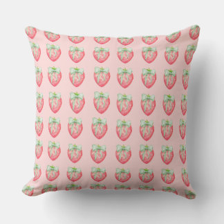 Strawberry Print Green Bow Coquette Kids Girl Room Throw Pillow