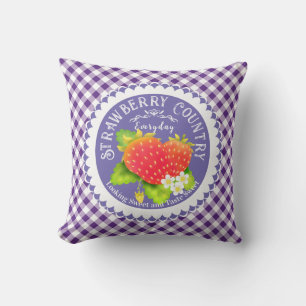 Strawberry Purple Gingham Throw Pillow