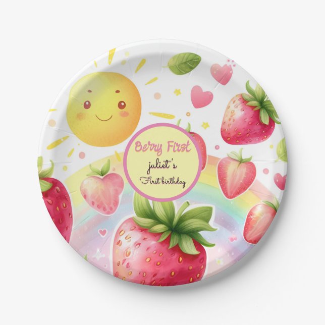 strawberry rainbow berry first 1st birthday paper plate (Front)