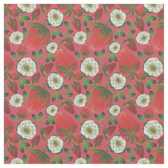Strawberry Red Floral Pattern Fabric (Close Up)