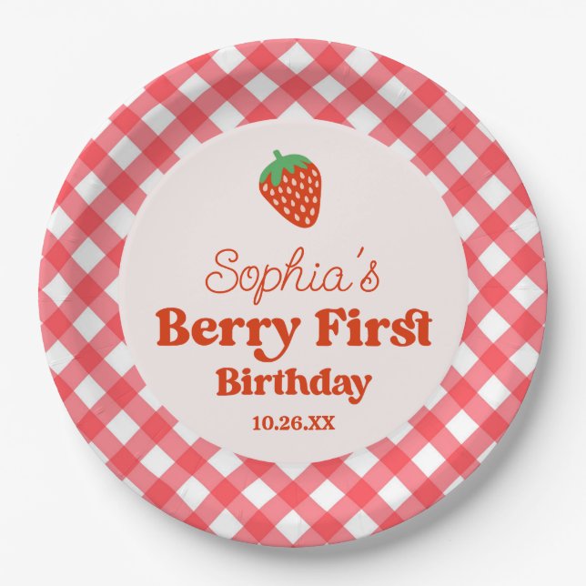 Strawberry Red Pink Berry First 1st Birthday Party Paper Plate (Front)