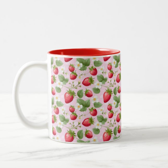 Strawberry Red Pink White Flowers  Two-Tone Coffee Mug (Left)