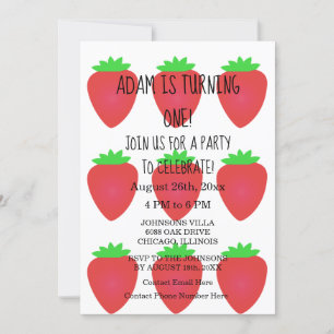 Strawberry Red White Custom 1st Birthday Party Invitation