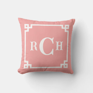Strawberry Reverse Chinoiserie Greek Key Monogram Throw Pillow